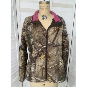 Mossy Oak Womens Realtree Camo Pink Trim Zip Up Fleece Lined Jacket Sz X-Large